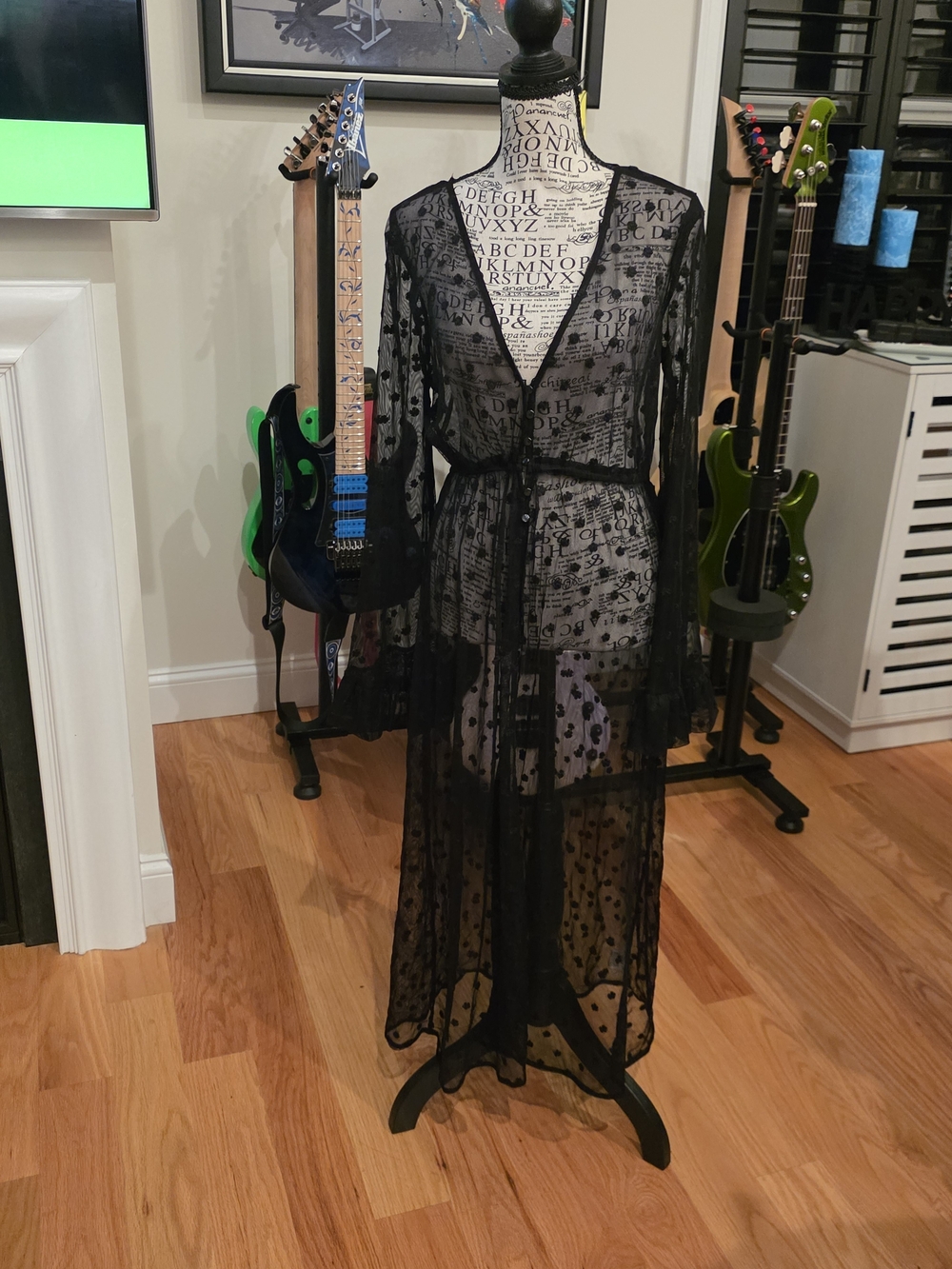 Forever 21 Sheer Black Floral Polka Dot Mesh Duster